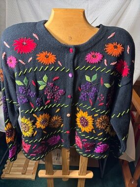 Black Floral Embroidered Cardigan Sweater